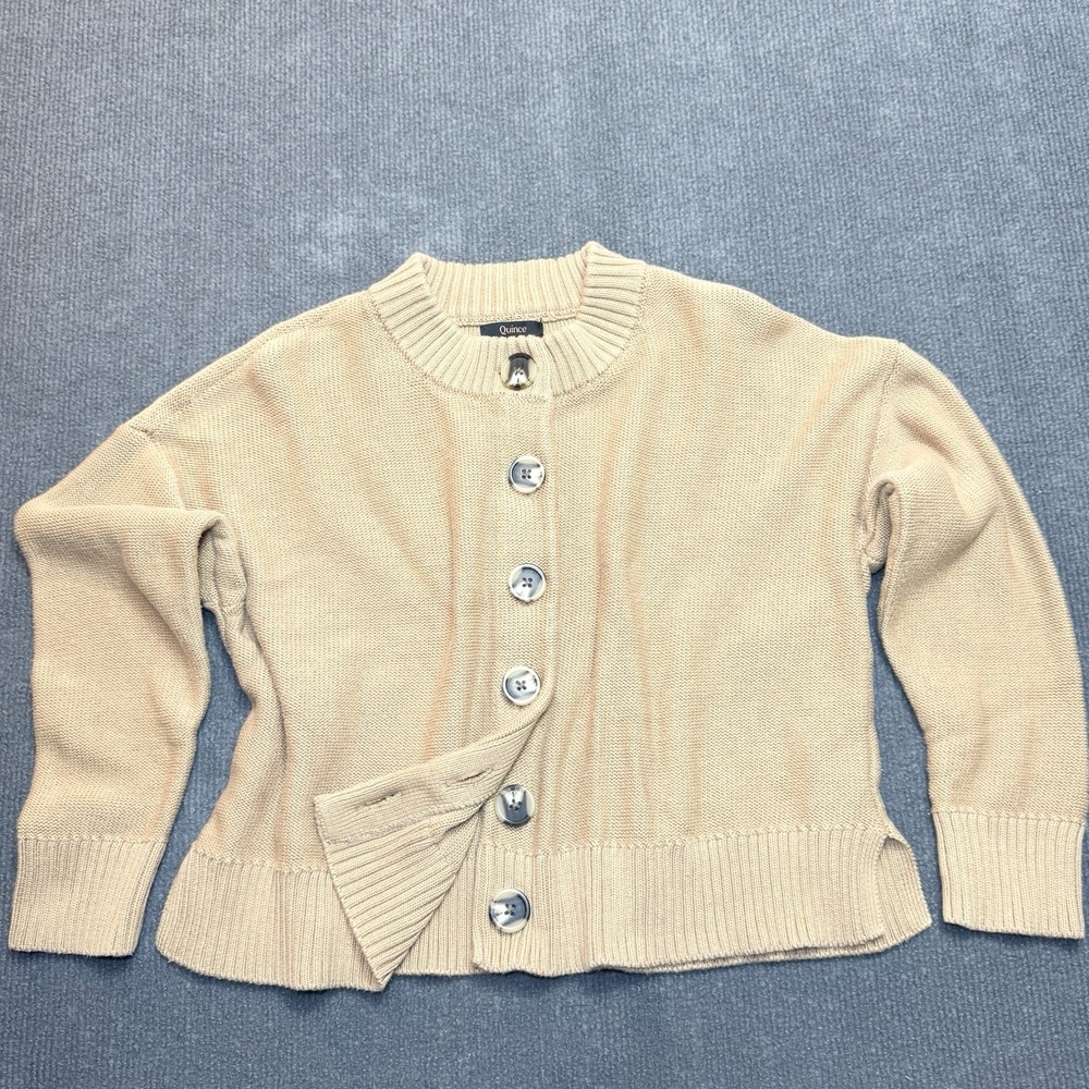 Quince 100% Organic Cotton Cropped Cardigan Sweater L Camel Minimalist Neutral